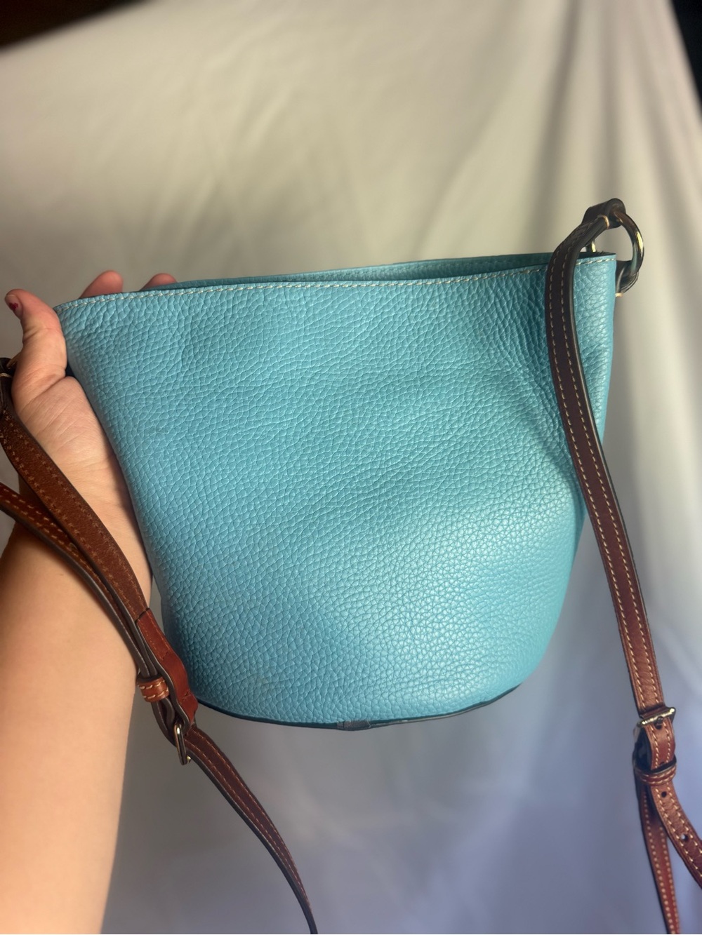 Dooney & Bourke Sky Blue Pebble Leather Crossbody with Brown Strap - Picture 3 of 11